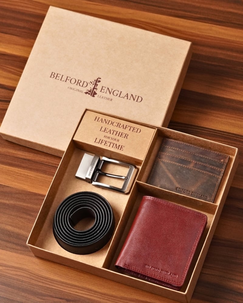 Gift For Men: Personalized Luxury Leather Wallet , Belt & Card Holder Set