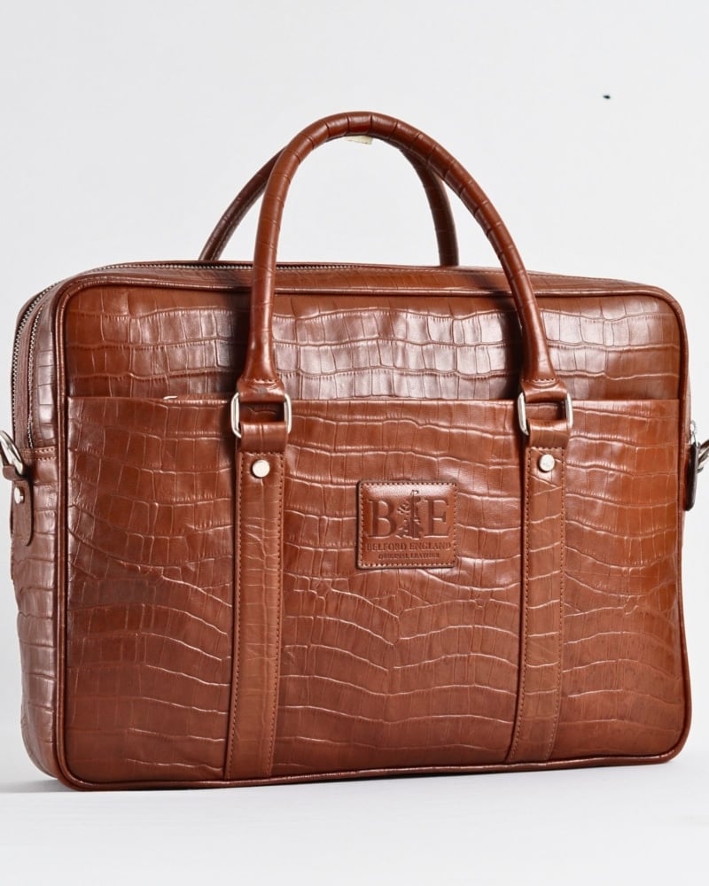 Executive Men's Original Leather Briefcase  (Croco Luxury Brown)